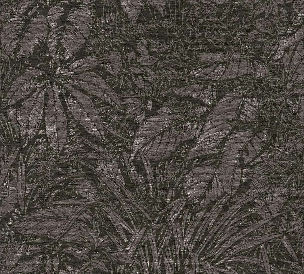 Design tapéta trópusi levél mintával fekete és ezüst színben