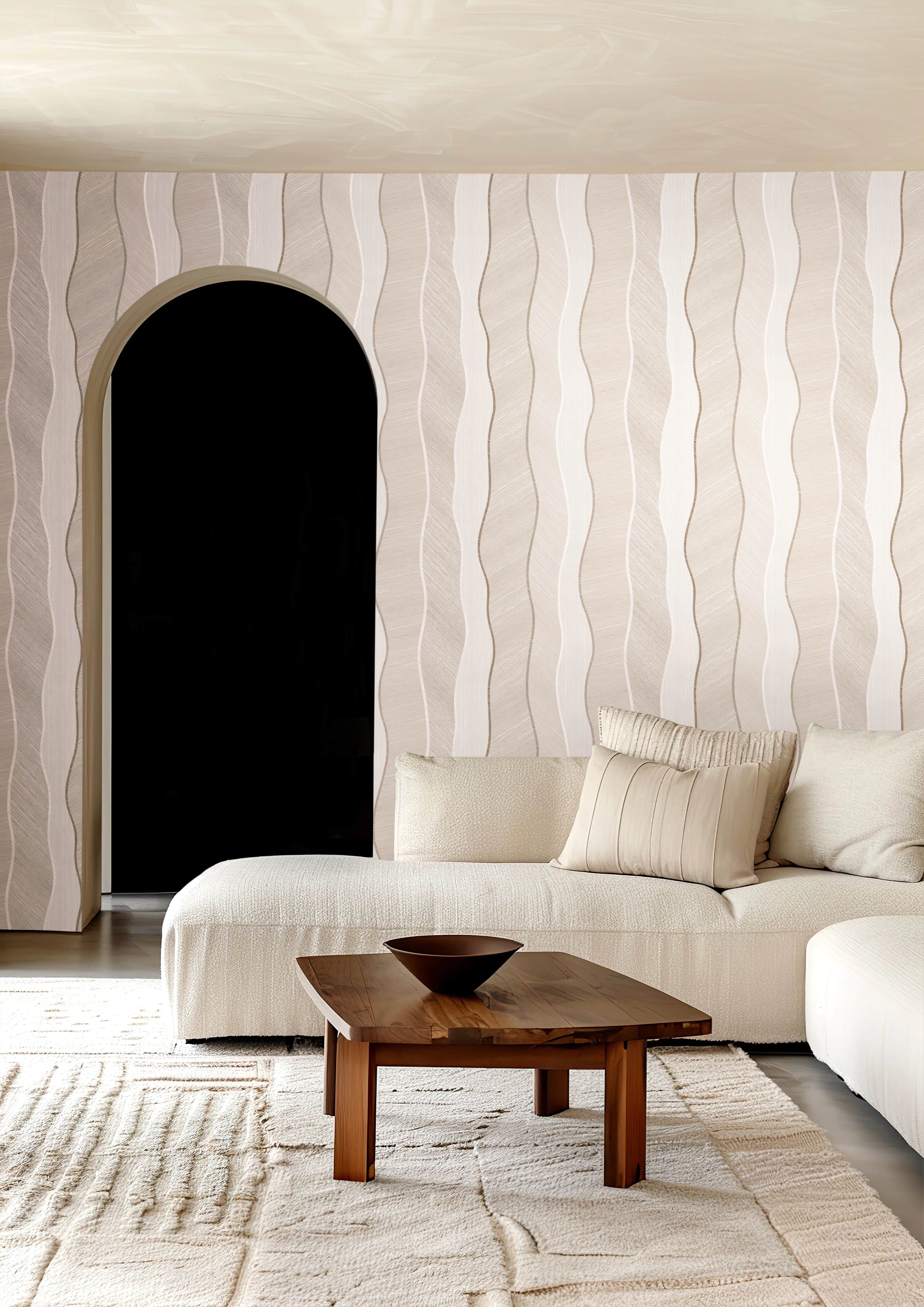 Design tapéta üveggyöngyös felületű hullámos csíkos mintával beige színben