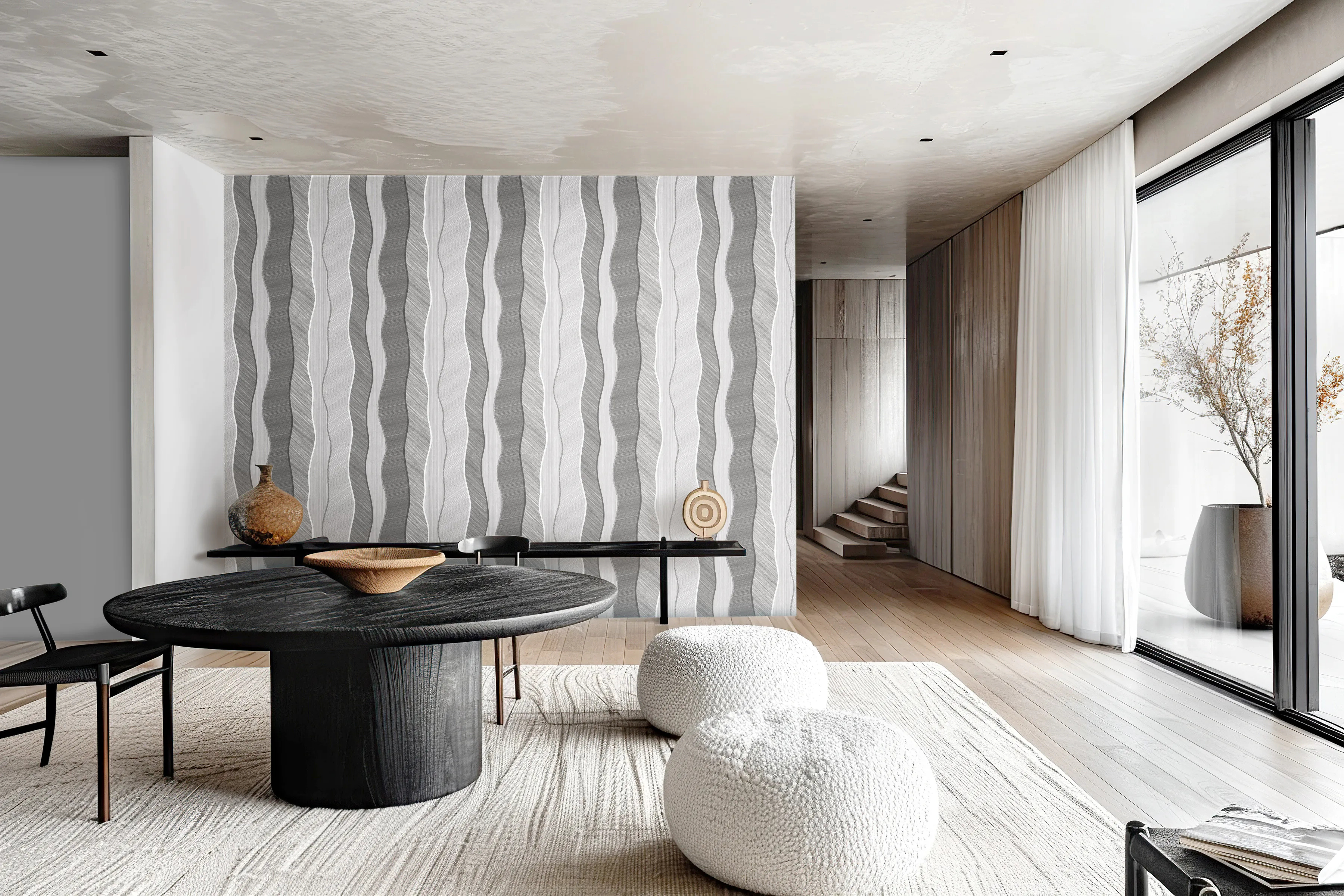 Design tapéta üveggyöngyös felületű hullámos csíkos mintával szürke színben