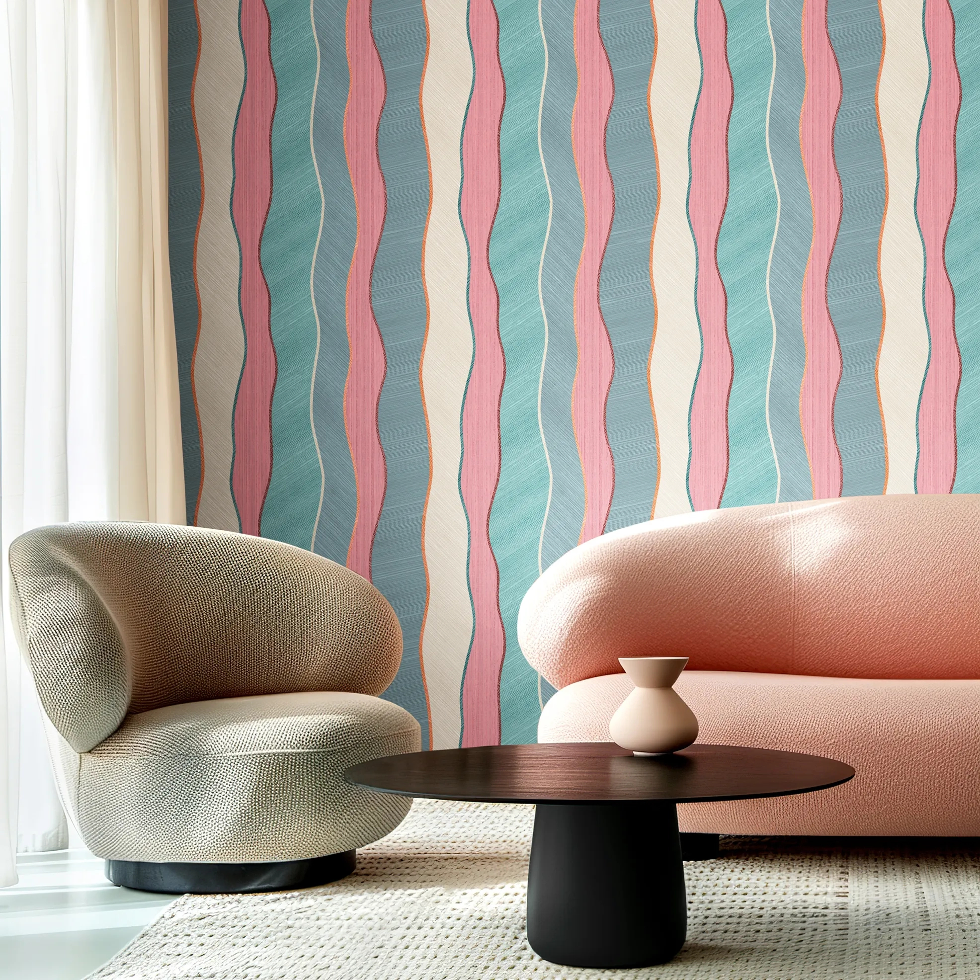 Design tapéta üveggyöngyös felületű hullámos csíkos mintával zöld és korall színben