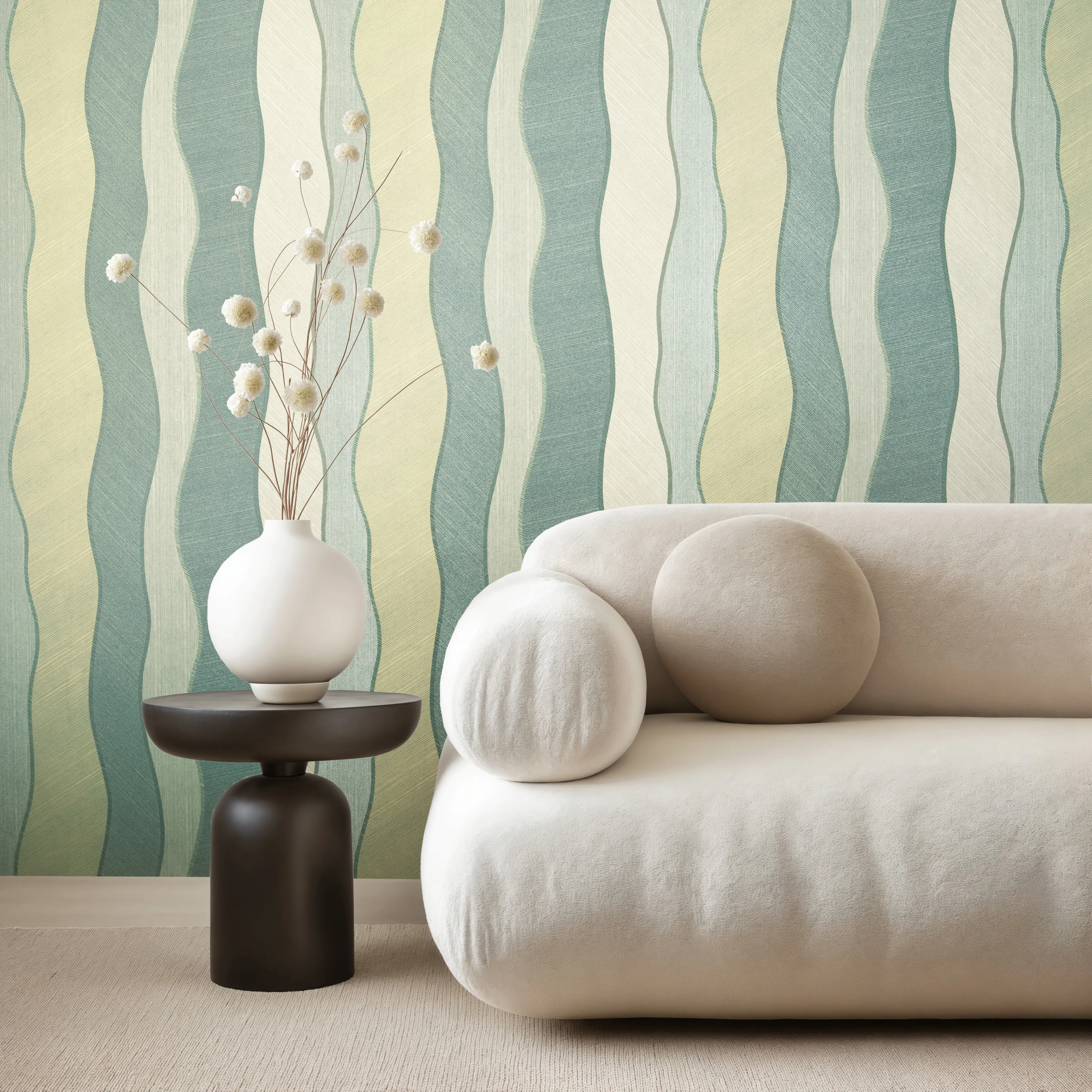 Design tapéta üveggyöngyös felületű hullámos csíkos mintával zöld színben