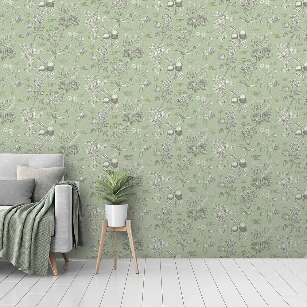 Design tapéta virág és gyümölcs mintával zsályazöld színben