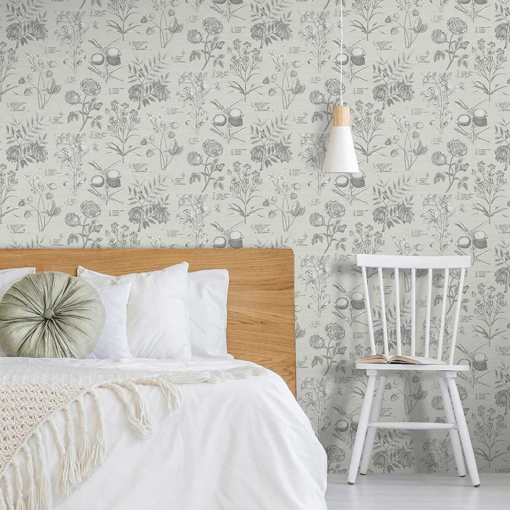 Design tapéta virág és gyümölcs mintával világoszürke színben