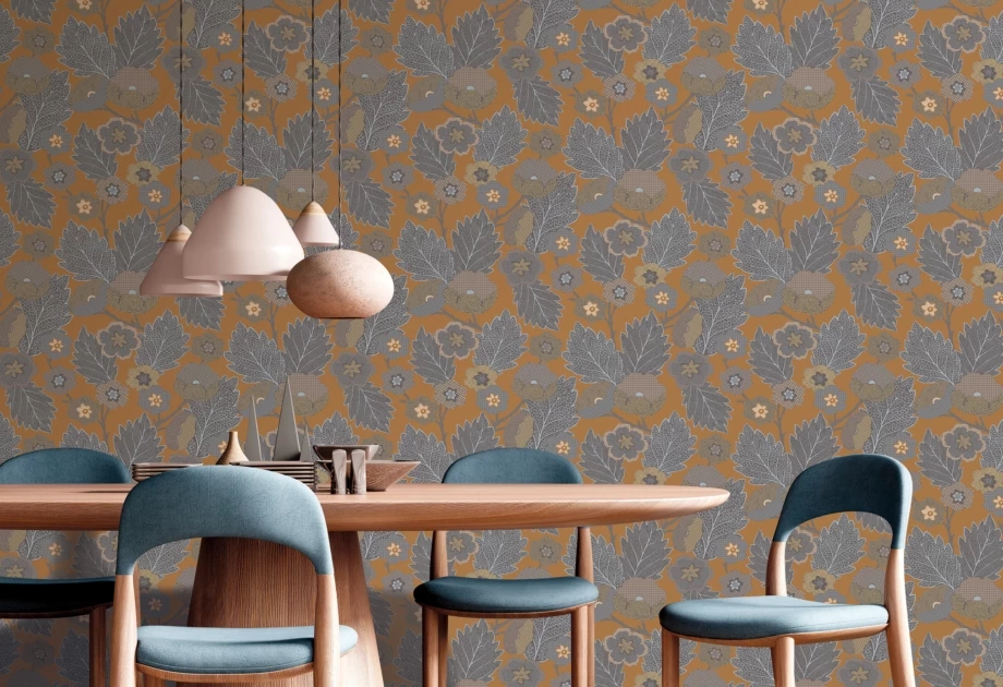 Design tapéta virág és levél mintával krém és szürke színben