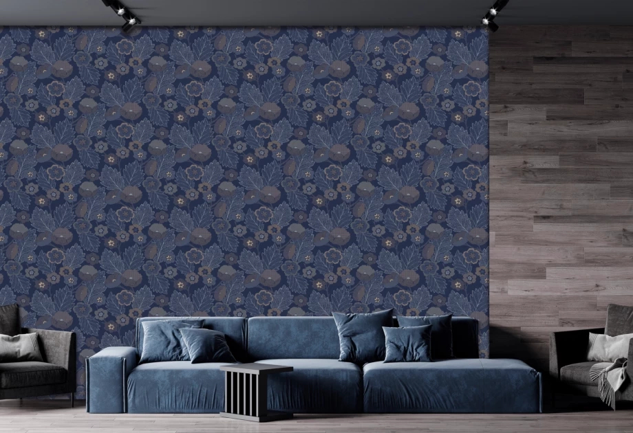 Design tapéta virág és levél mintával sötétkék és barna színben