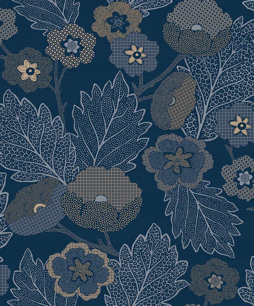 Design tapéta virág és levél mintával sötétkék és barna színben