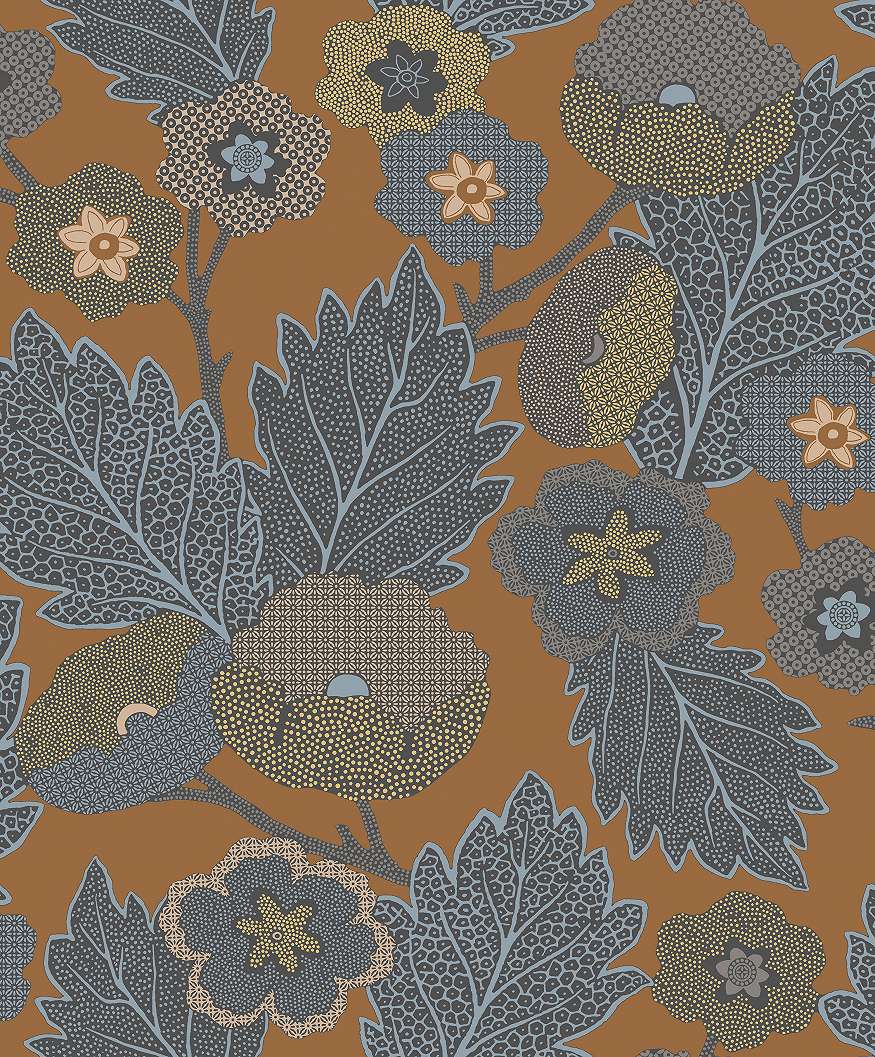 Design tapéta virág és levél mintával terrakotta és szürke színben