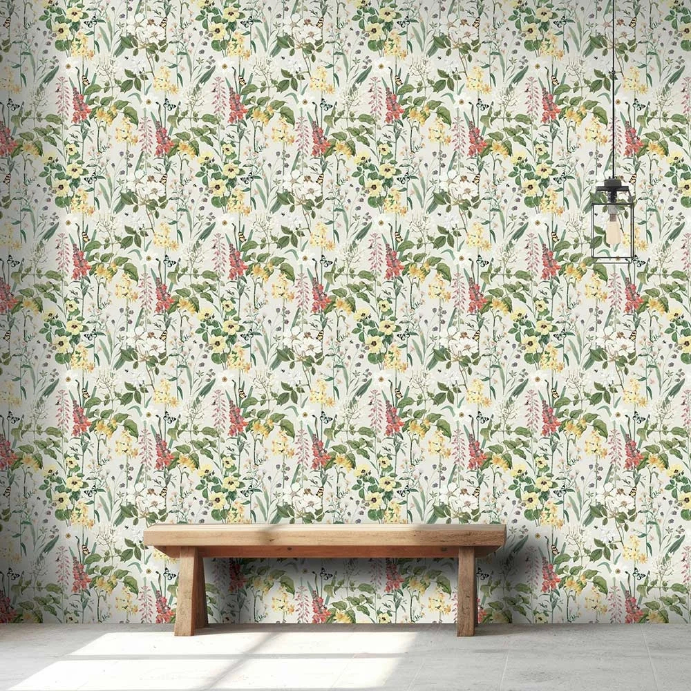 Design tapéta virág és pillangó mintával krém és citromsárga színben