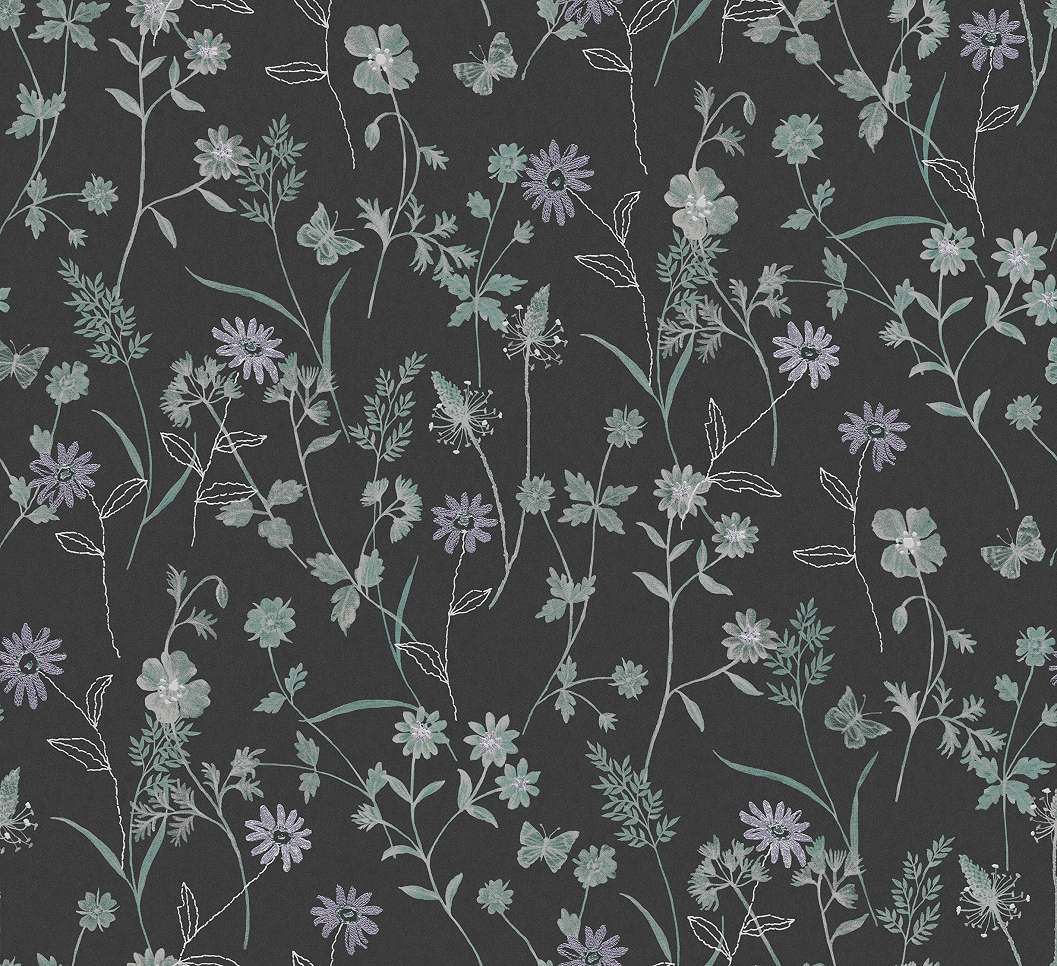 Design tapéta virág mintával fekete színben 70cm széles