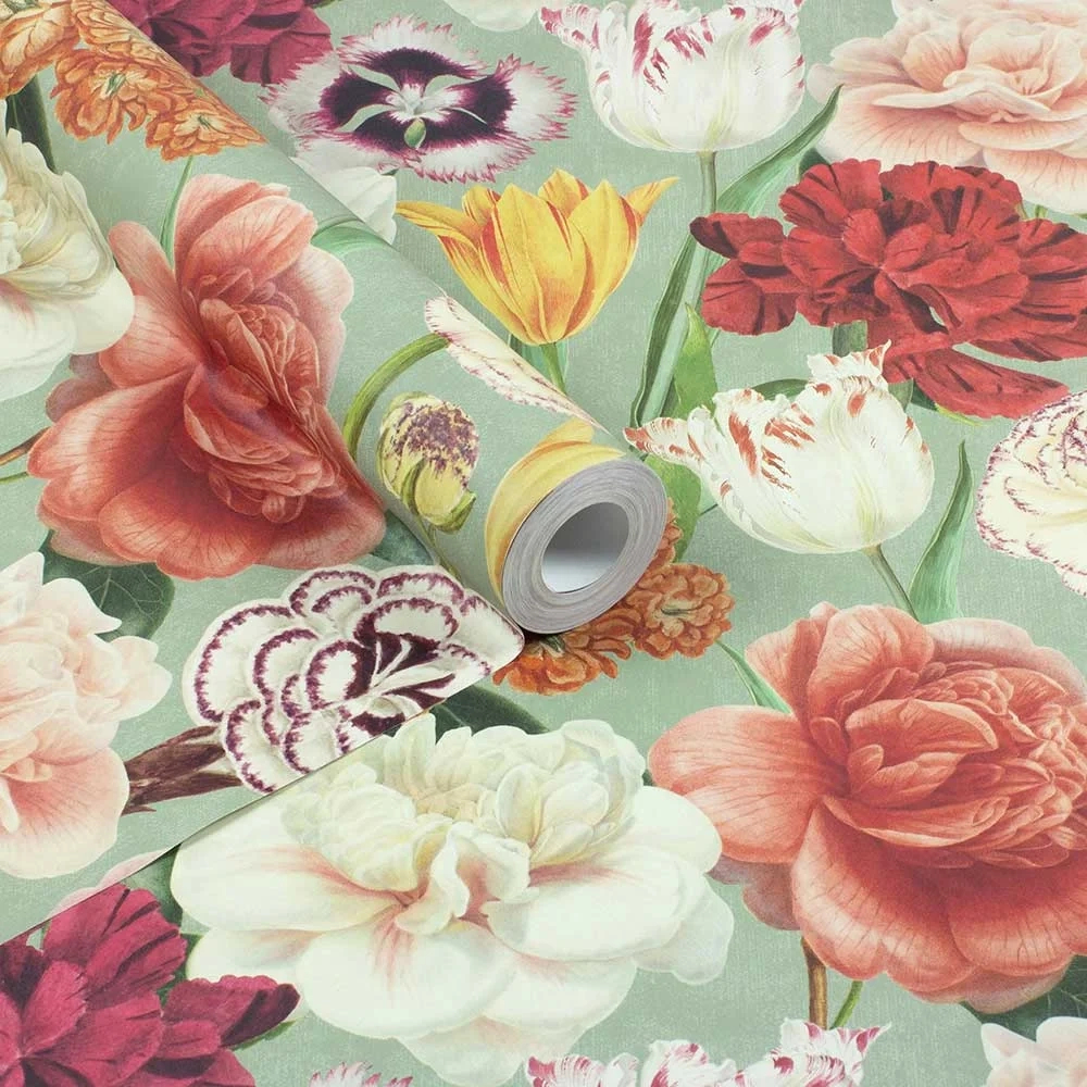 Design tapéta virág mintával zöld és piros színben