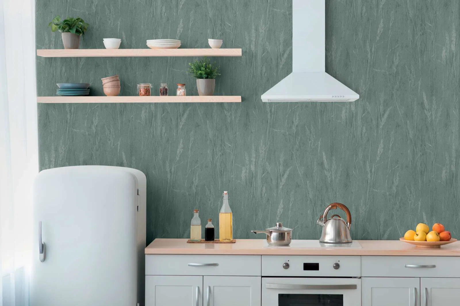 Design tapéta zöld és fényes ezüst búzakalász mintával