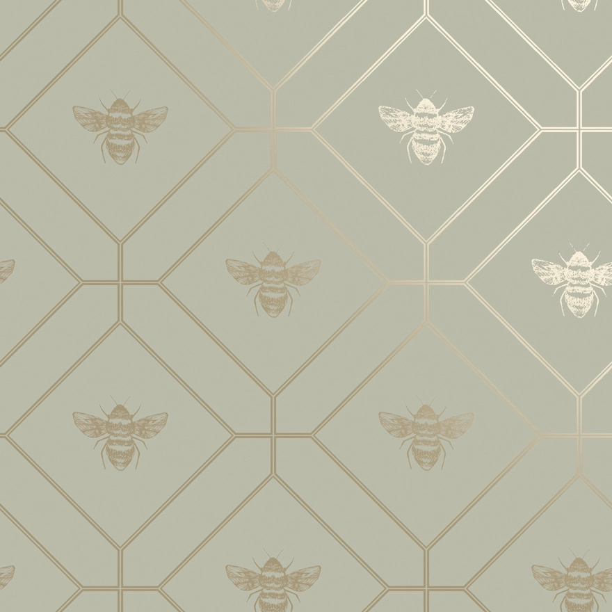 Design tapéta zöld metál méh és méhsejt mintával