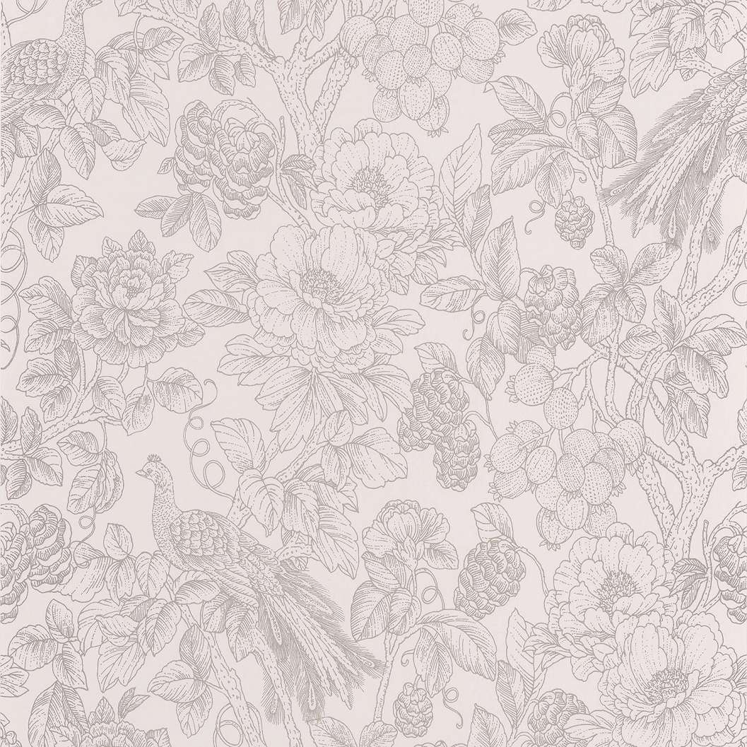 Design taupe virág és páva mintás romantikus tapéta