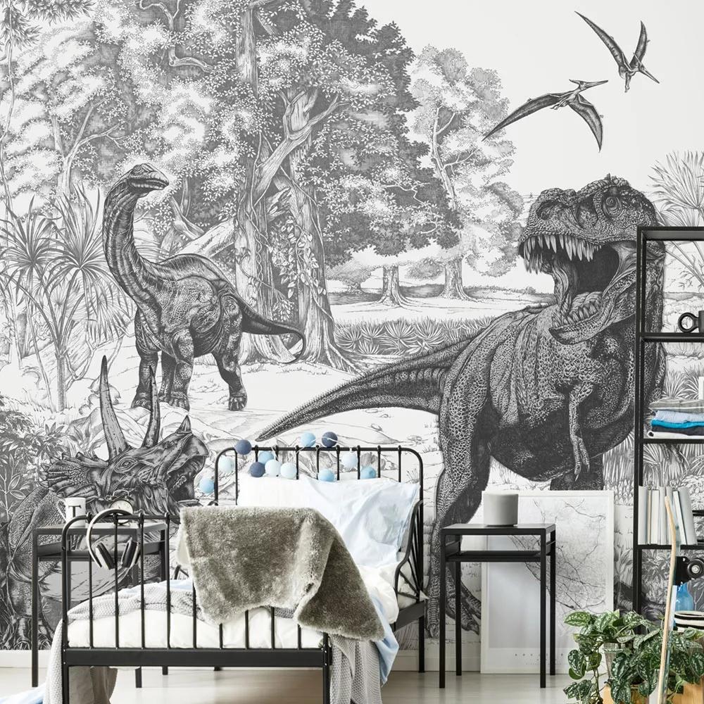Dinoszaurusz mintás vlies fali poszter T-rex dinóval feket fehér szinvilágban