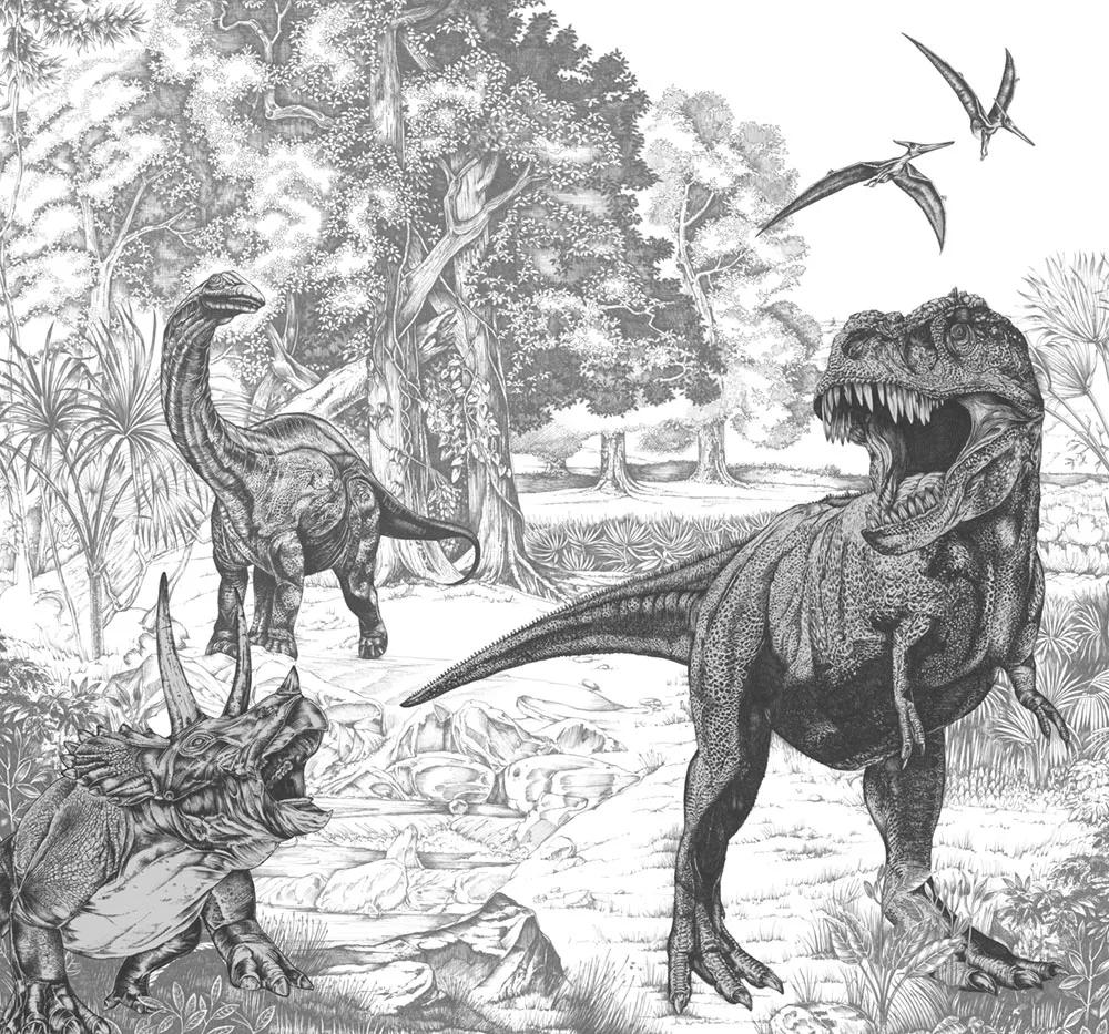 Dinoszaurusz mintás vlies fali poszter T-rex dinóval feket fehér szinvilágban