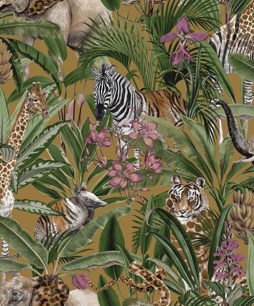 Dzsungel mintás dekor tapéta sárga alapon afrikai állat mintákkal