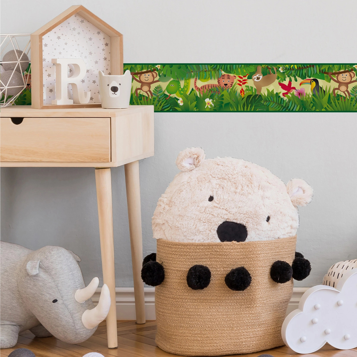 Dzsungel mintás gyerekszobai bordűr, lajhár majom tukán tigris mintával