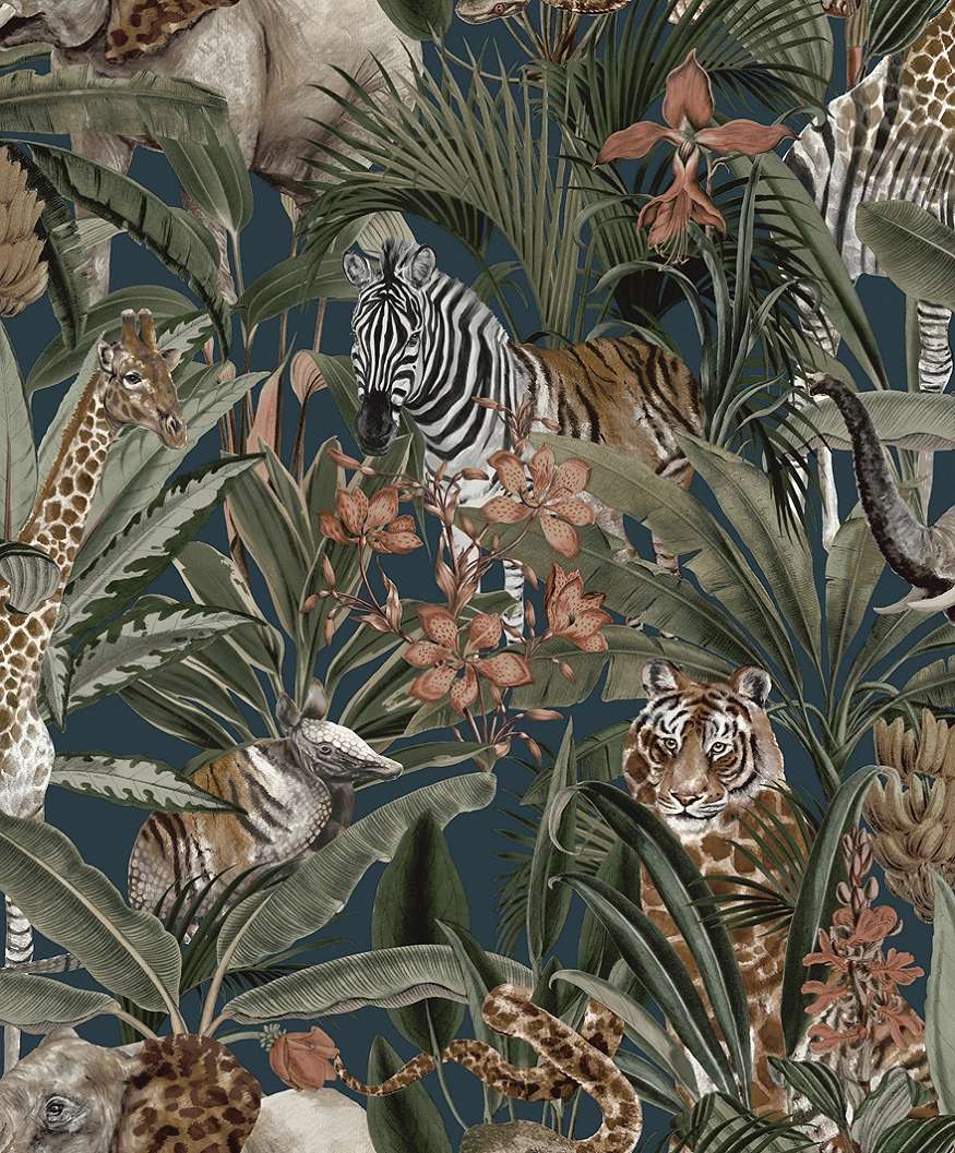 Dzsungel mintás tapéta kék alapon állat mintákkal