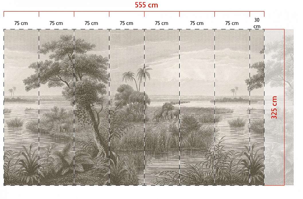 Egyedi vlies fali poszter rézkarc stílzusban tájkép mintával szélesség (555cm) X magasság (325cm)