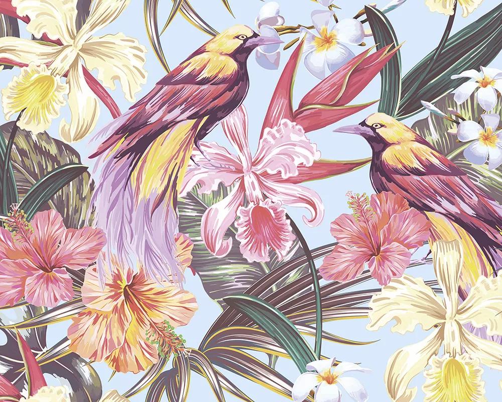 Egzotikus trópusi hangulatú modern madár és virágmintás fali poszter