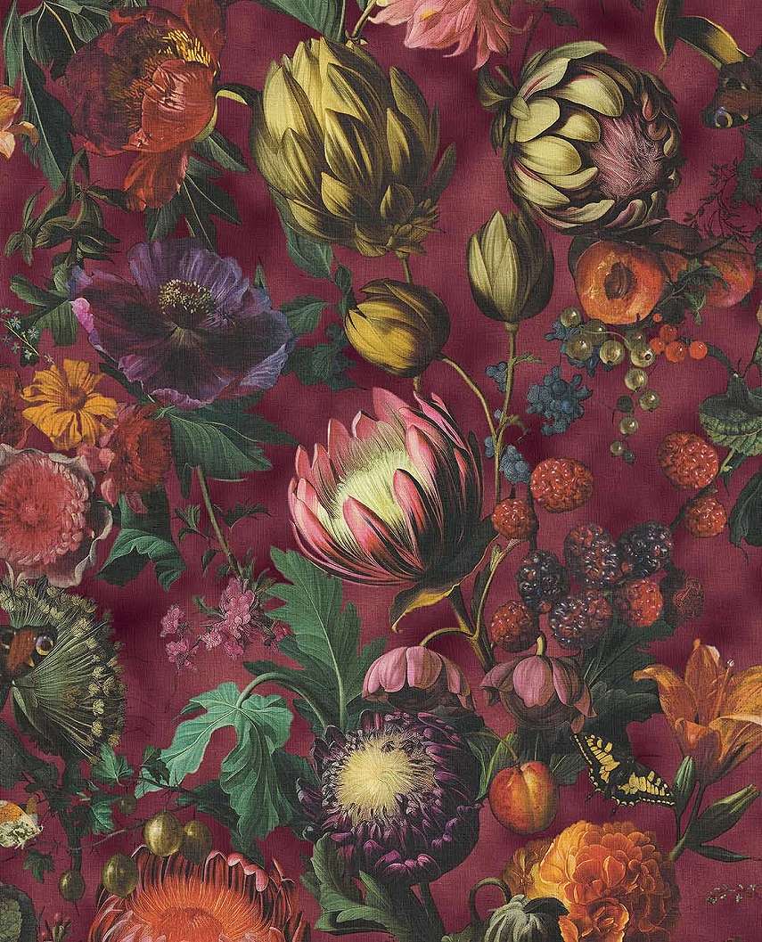 Eijffinger bordó háttéren bordó és lila színű virág mintás design tapéta