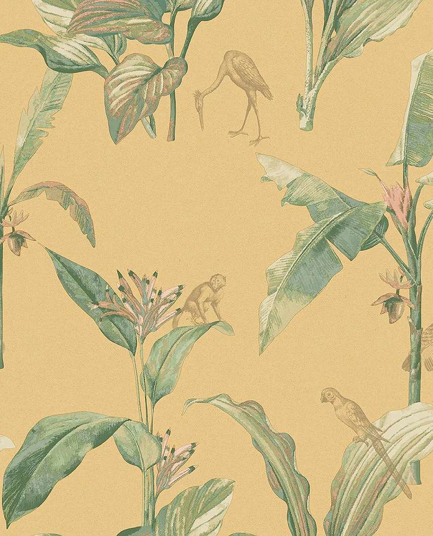 Eijffinger design tapéta sárga trópusi pálma és állat mintákkal