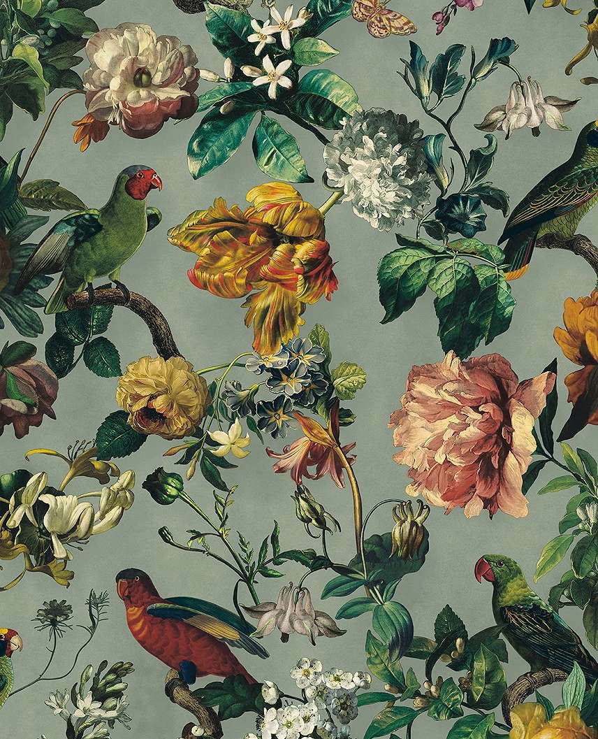 Eijffinger design tapéta világoskék alapon virág és madár mintákkal