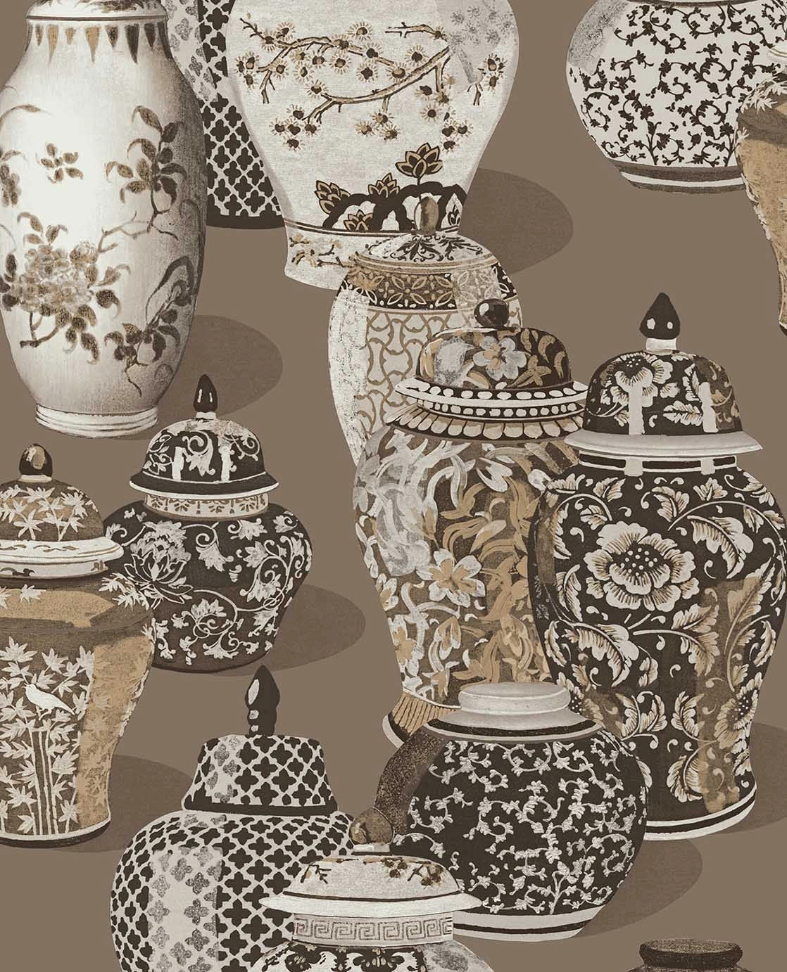 Eijffinger fekete és barna színű kínai váza mintás design tapéta