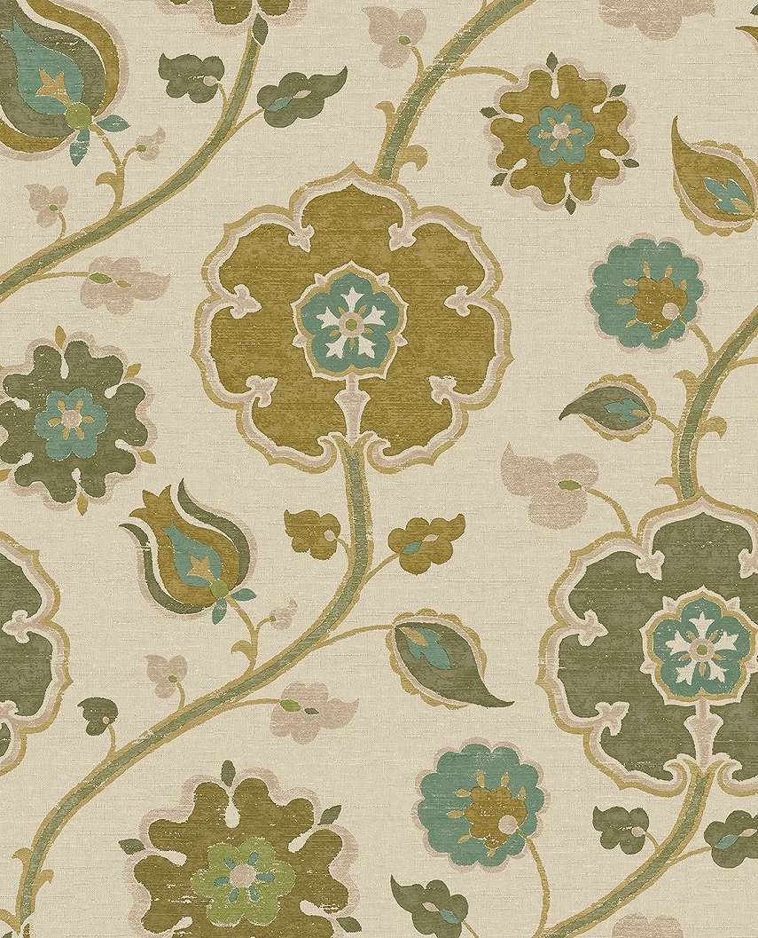 Eijffinger indás virág mintás krém és zsályazöld színű vinyl design tapéta
