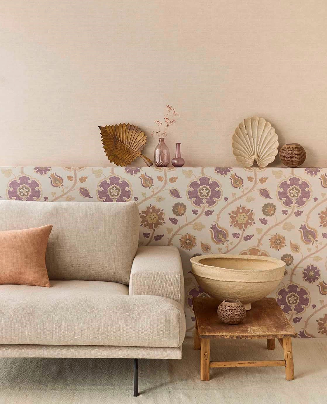 Eijffinger indás virág mintás mustársárga és tüdőszínű vinyl design tapéta