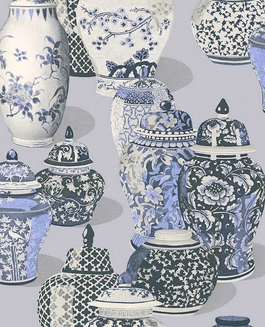 Eijffinger kék és szürke színű kínai váza mintás design tapéta