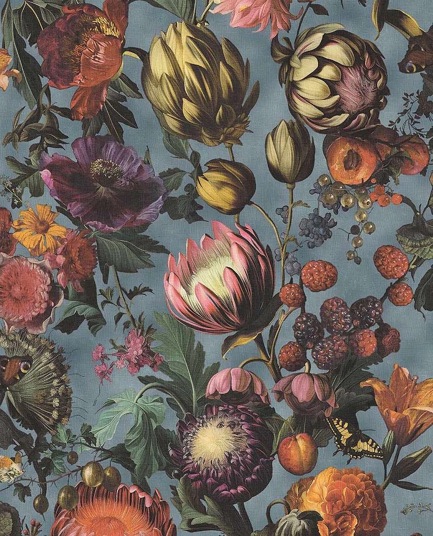 Eijffinger kék háttéren bordó és lila színű virág mintás design tapéta