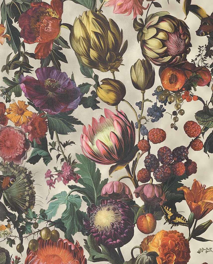 Eijffinger krém háttéren bordó és lila színű virág mintás design tapéta