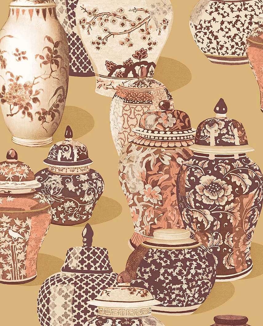 Eijffinger mustársárga és barna színű kínai váza mintás design tapéta