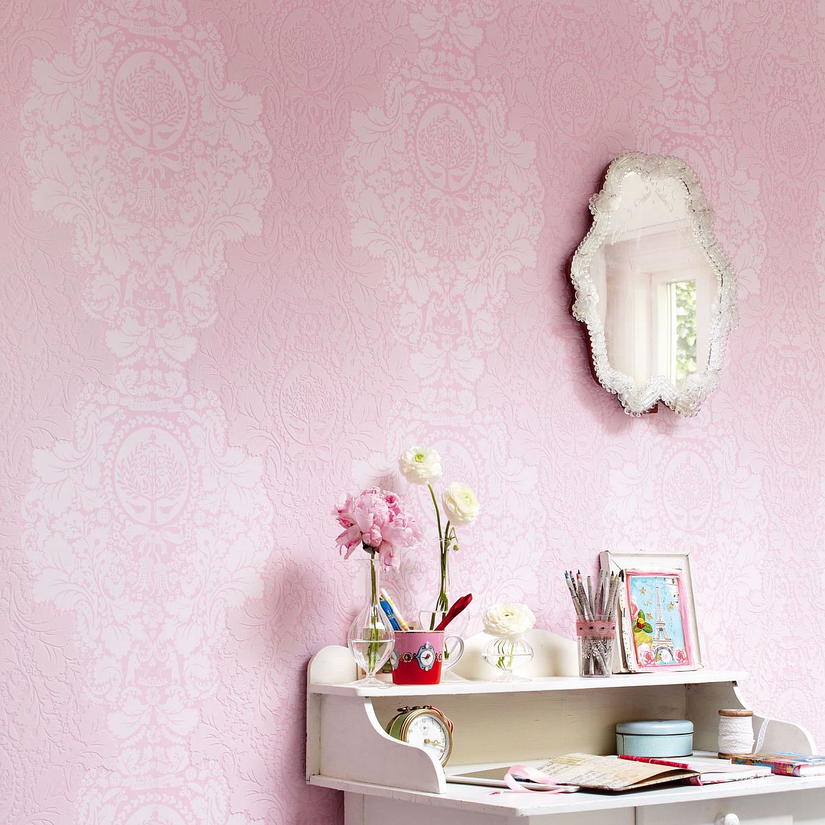 Eijffinger Pip rózsaszín klasszikus virágmintás keleti hatású tapéta