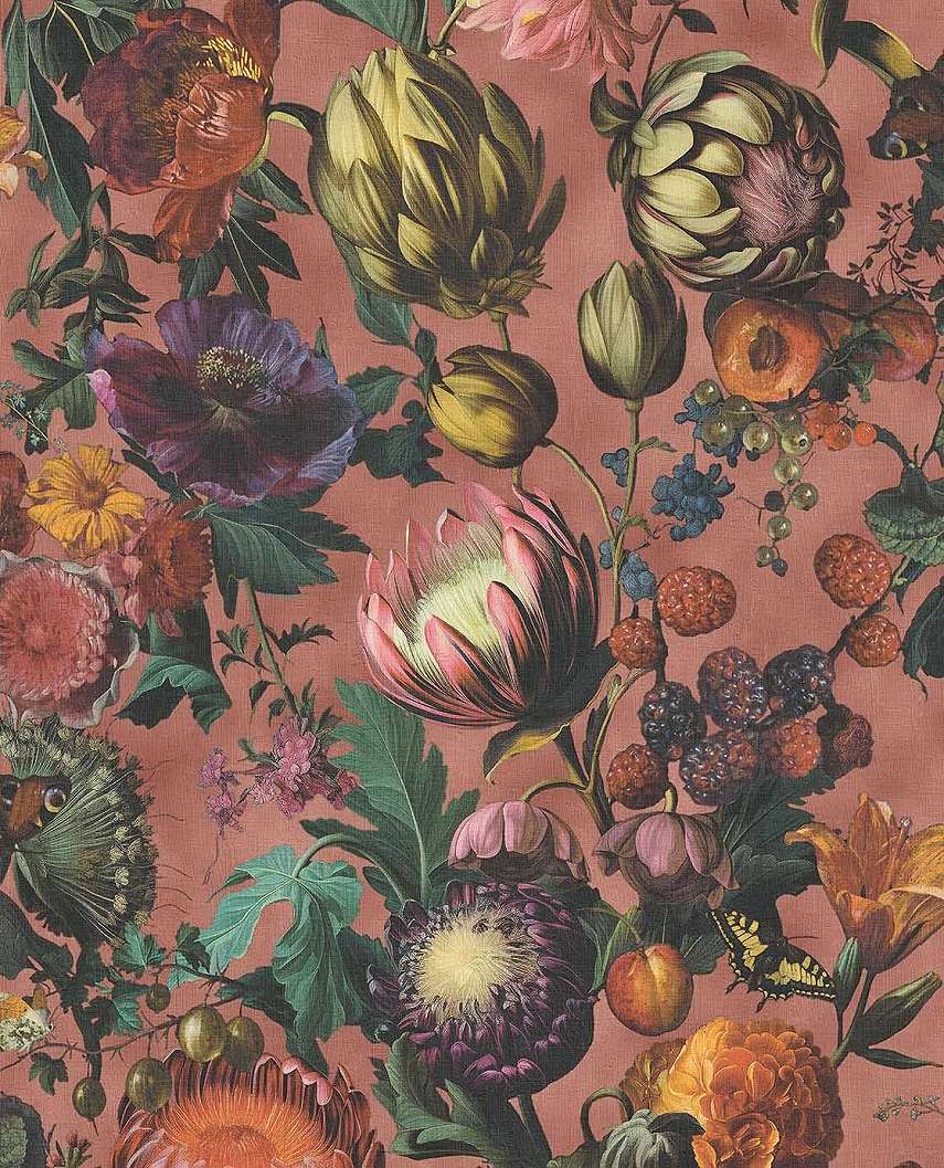 Eijffinger rózsaszín háttéren bordó és lila színű virág mintás design tapéta