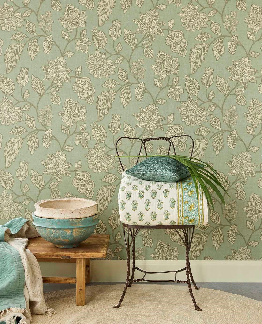 Eijffinger virágzófa mintás sászöld színű vinyl design tapéta