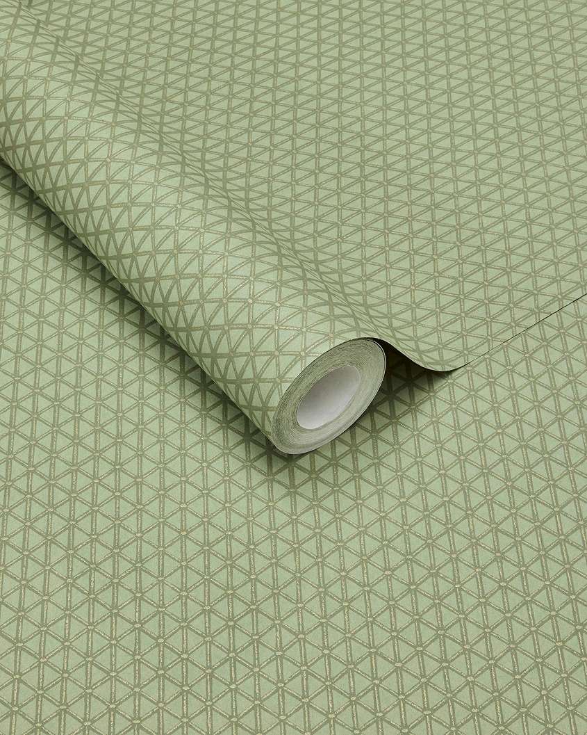 Eijffinger zöld és arany színű geometriai mintás design tapéta