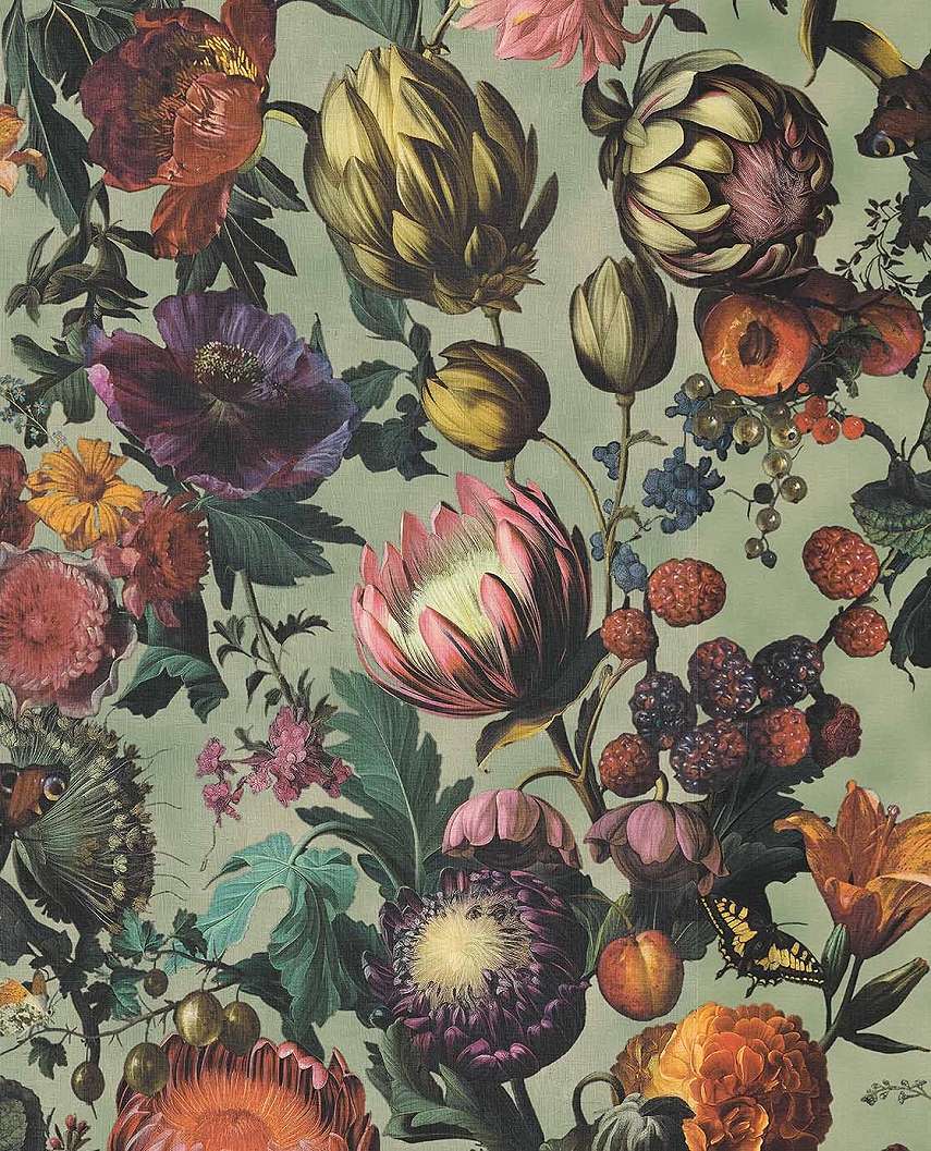 Eijffinger zöld háttéren bordó és lila színű virág mintás design tapéta