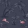 Éjkék színű tapéta trópusi stílusban rózsaszín flamingó mintával