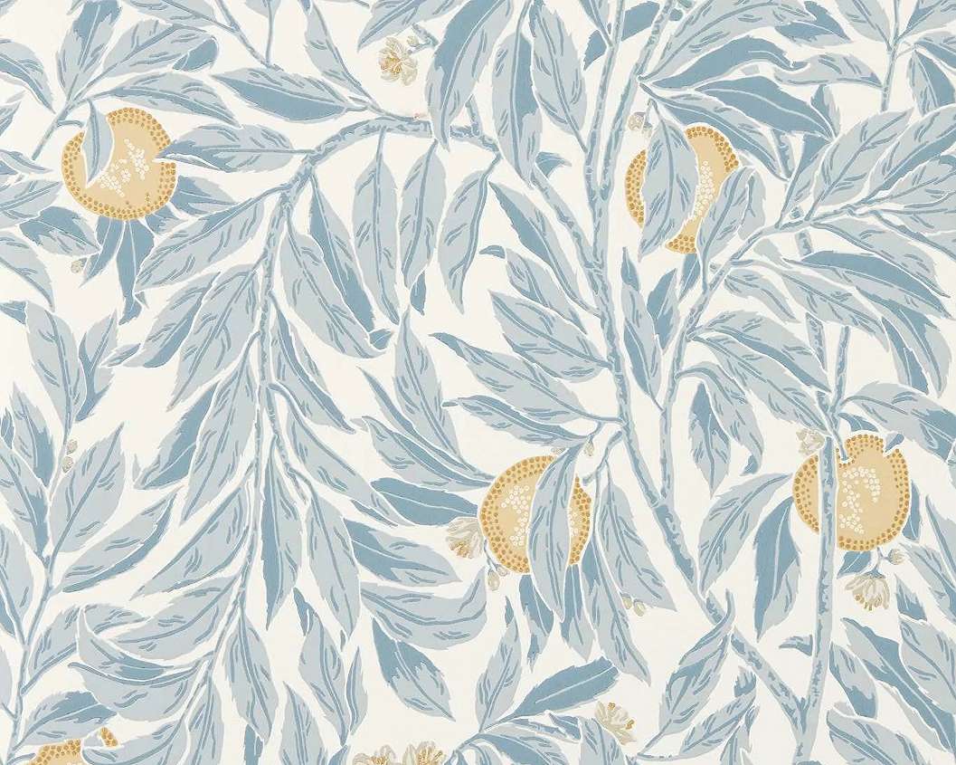 Elegáns angol design tapéta almafa mintával kék és sárga színben