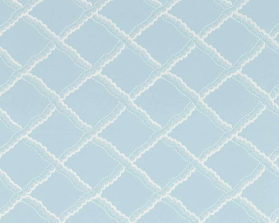 Elegáns angol design tapéta csipke rács mintával kék színben