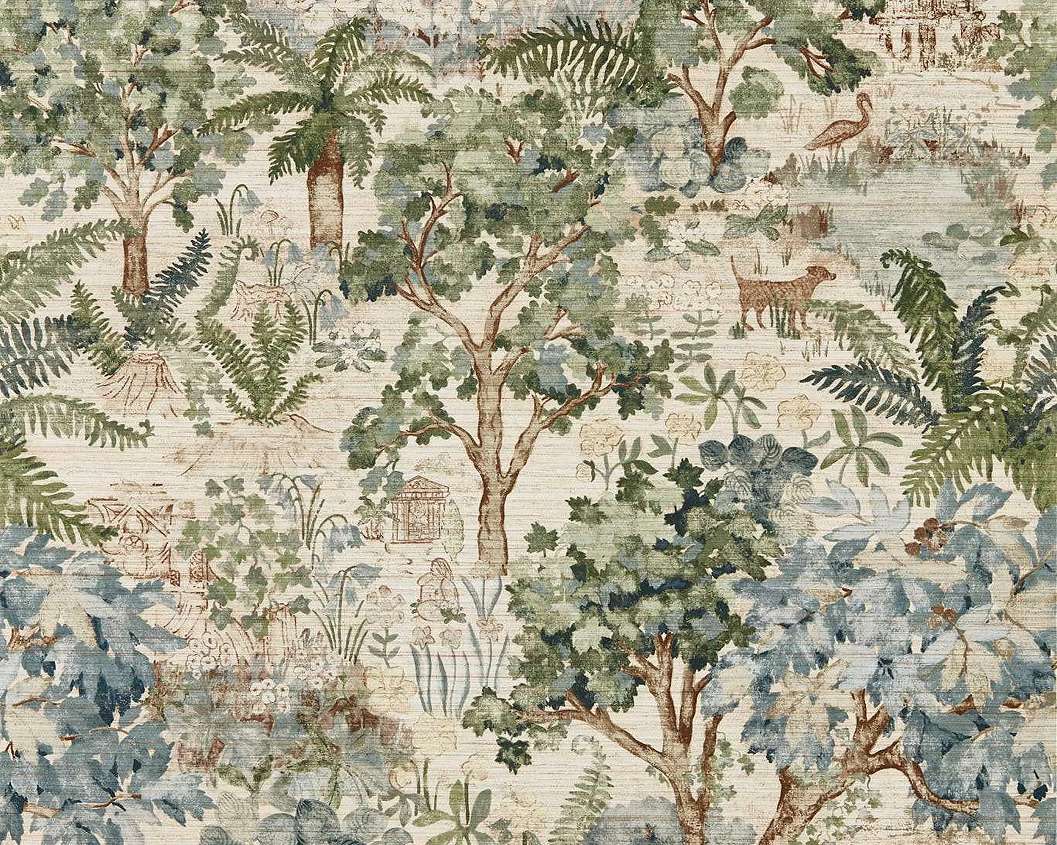 Elegáns angol design tapéta fa és állat mintával kék és zöld színben