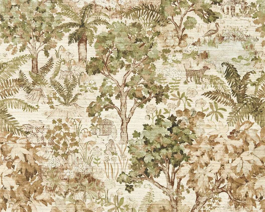 Elegáns angol design tapéta fa és állat mintával zöld színben