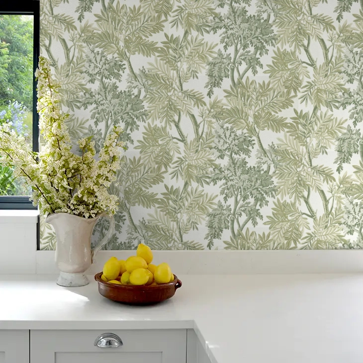 Elegáns angol design tapéta faág mintával zöld színben