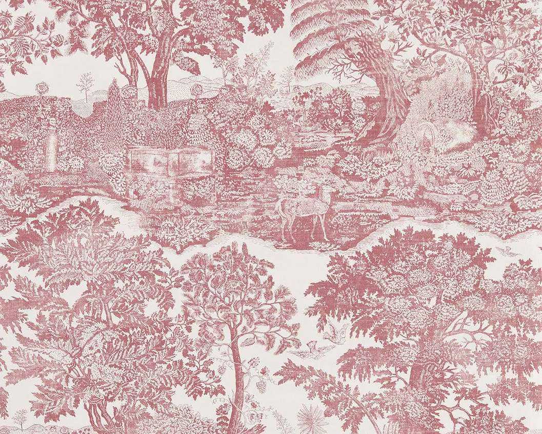 Elegáns angol design tapéta fametszet jellegű tájkép fákkal bordó színben