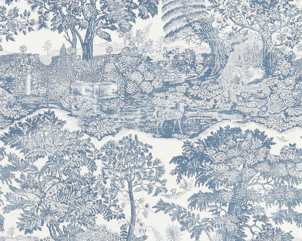 Elegáns angol design tapéta fametszet jellegű tájkép fákkal kék színben