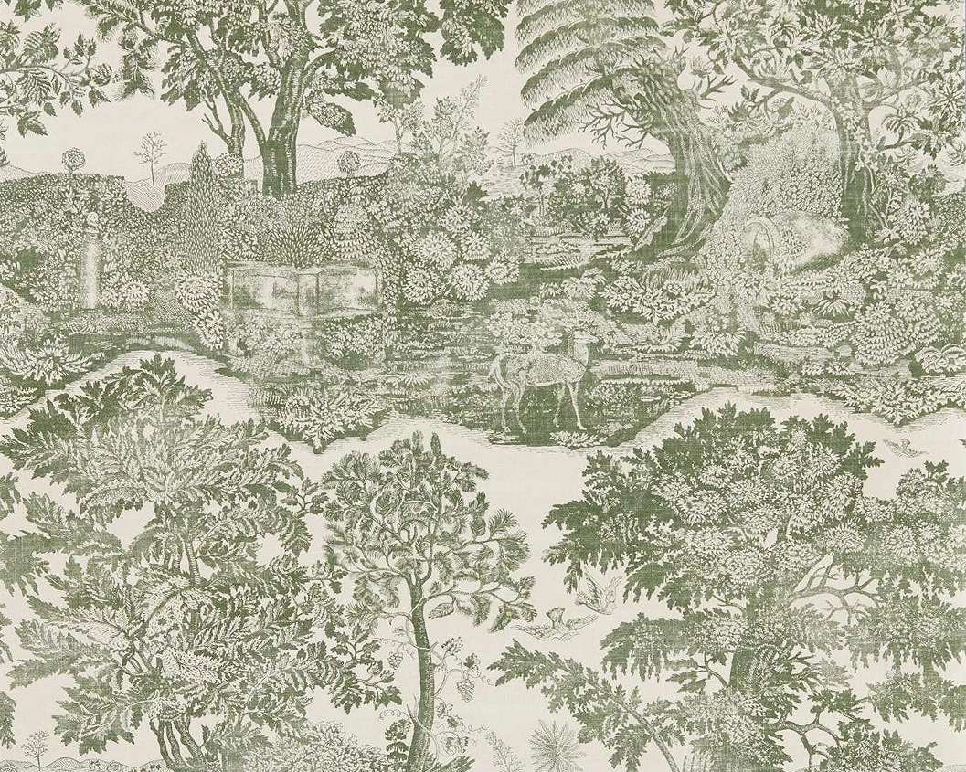 Elegáns angol design tapéta fametszet jellegű tájkép fákkal zöld színben