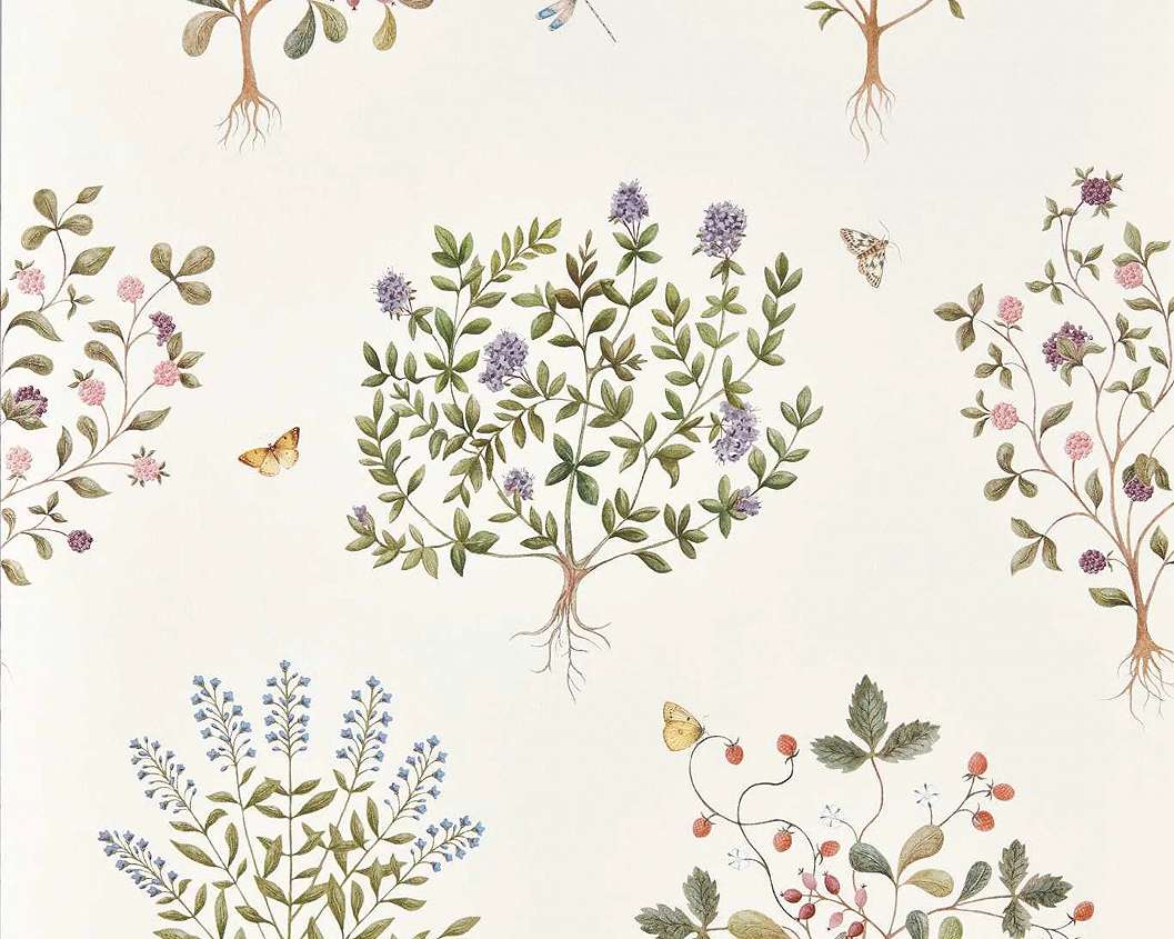 Elegáns angol design tapéta gyümölcsös cserje és lepke mintával lila és fehér színben