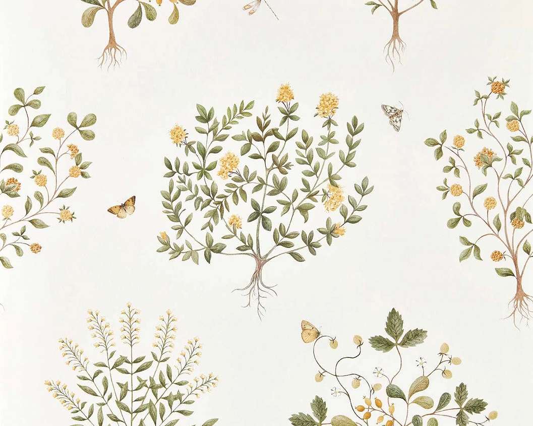 Elegáns angol design tapéta gyümölcsös cserje és lepke mintával sárga és fehér színben